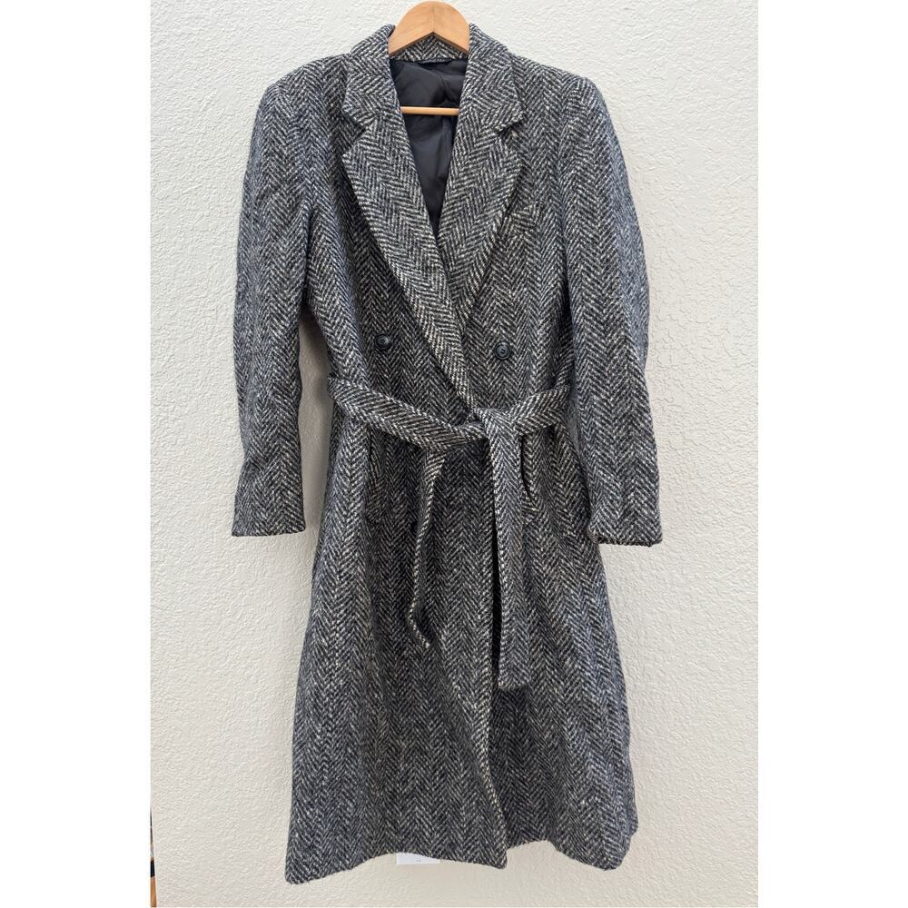 Vintage 1980's Stafford 100% Wool Gray Tweed Belted Trench Coat